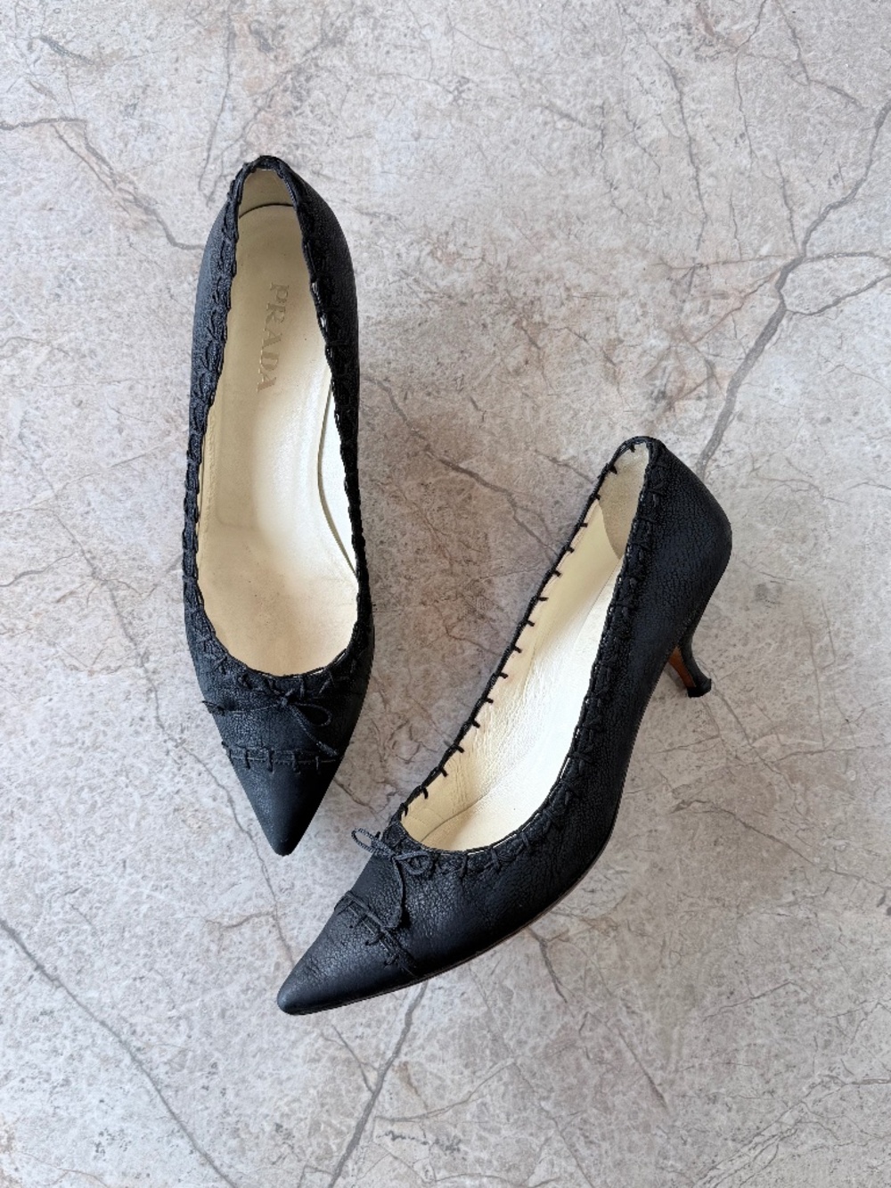 Prada Archival S/S 2003 Black Suede Whipstitch Bow Pointed Toe Kitten Heels